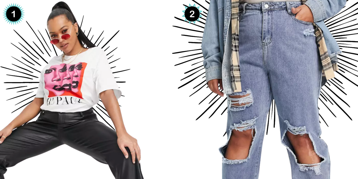 Photo 1: A Black woman with a high ponytail wears a graphic t-shirt with RuPaul's face on it that says RUPAUL over leather pants. Photo 2: A pair of ripped, loose fit jeans