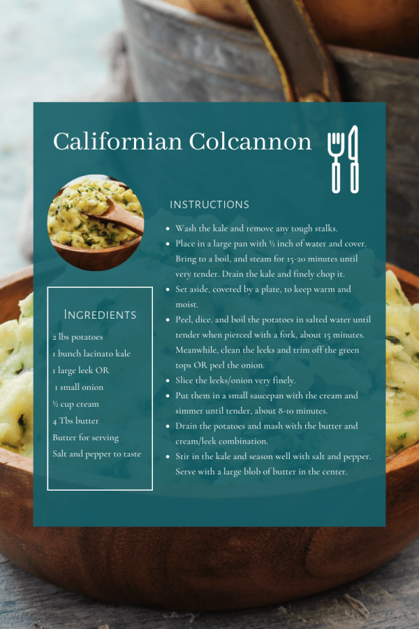 A recipe for Colcannon, laid atop a photo of the dish.