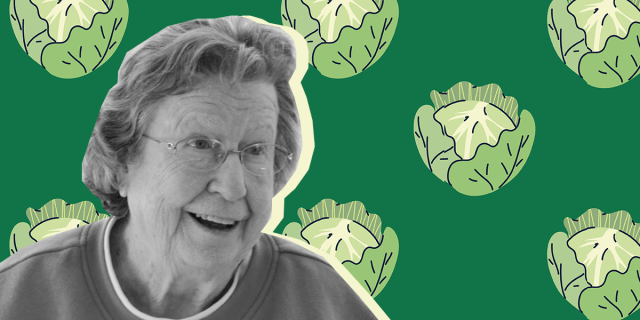 a black and white photo of aunt opal in front of a green background with cartoon cabbages