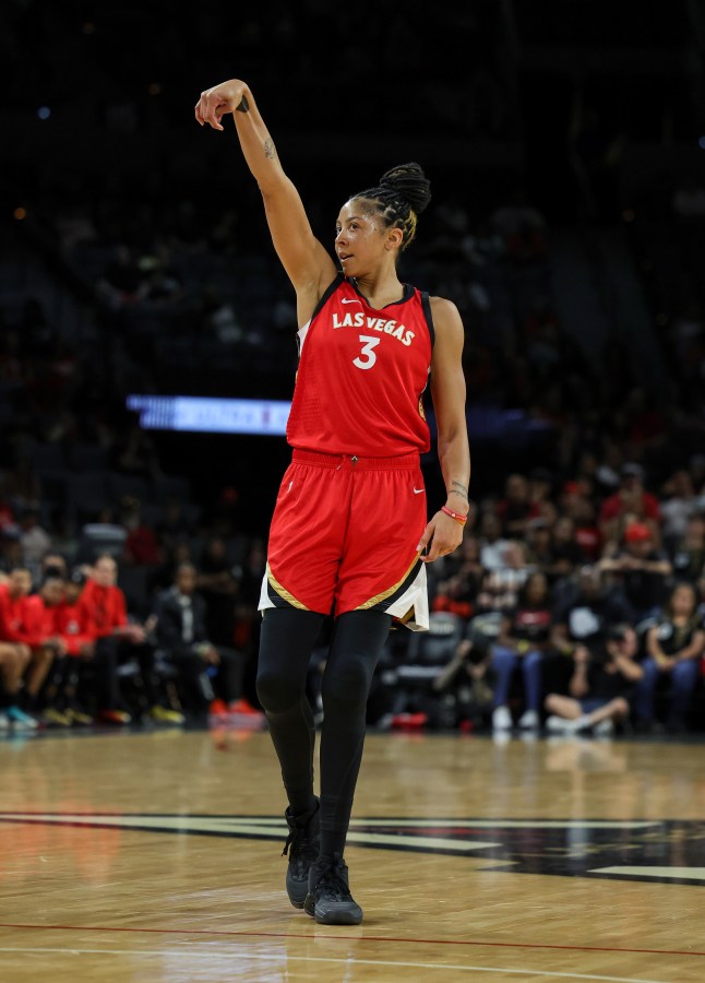 LAS VEGAS, NEVADA - MAY 13: Candace Parker #3 of the Las Vegas Aces watches her 3-point-shot attempt against the New York Liberty in the third quarter of their preseason game at Michelob ULTRA Arena on May 13, 2023 in Las Vegas, Nevada. The Aces defeated the Liberty 84-77.(Photo by Ethan Miller/Getty Images)