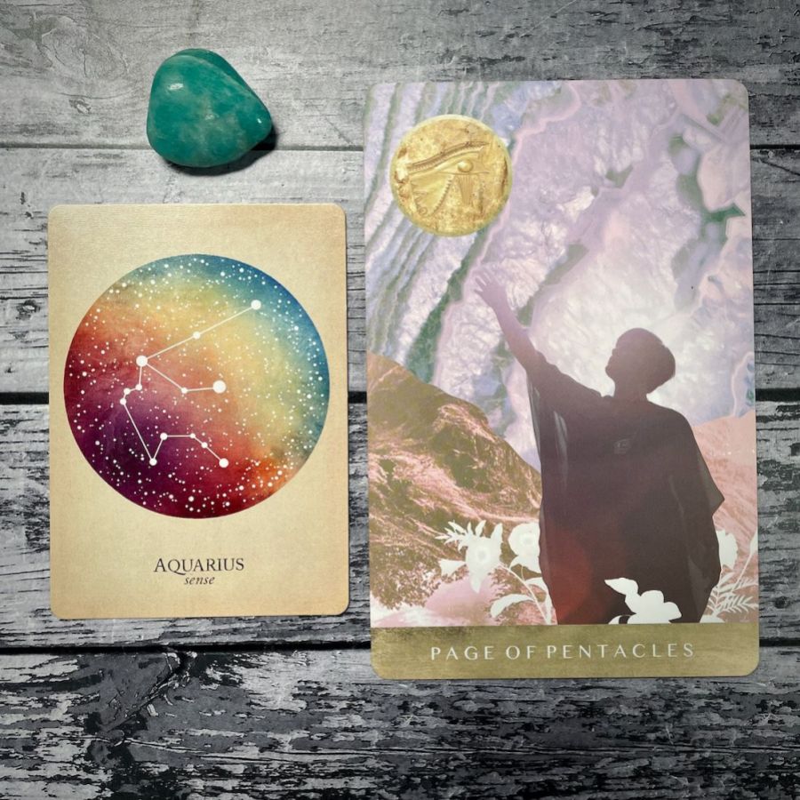 A card says Aquarius: sense with a purple and blue circle, next to a card that says page of tentacles with an illustration of young person with short hair reaching up for a shiny gold coin