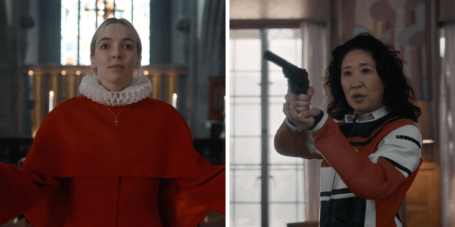Photo 1: Villanelle (Jodie Comer) from Killing Eve wears a red robe with a white collar and a cross necklace while standing in a church. Photo 2: Eve from Killing Eve (Sandra Oh) holds a handgun while wearing a white, red, and black motorcycling suit.