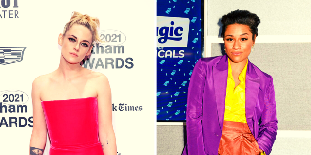 photo collage featuring Kristen Stewart (NEW YORK, NEW YORK - NOVEMBER 29: Kristen Stewart attends the 2021 Gotham Awards at Cipriani Wall Street on November 29, 2021 in New York City. (Photo by Taylor Hill/FilmMagic) and Ariana Debose (LONDON, ENGLAND - FEBRUARY 03: Ariana DeBose visits Magic FM, Bauer Radio on February 3, 2022 in London, England. (Photo by Nicky J Sims/Getty Images for Bauer Media)