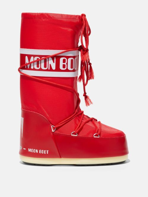 a pair of red moon boots