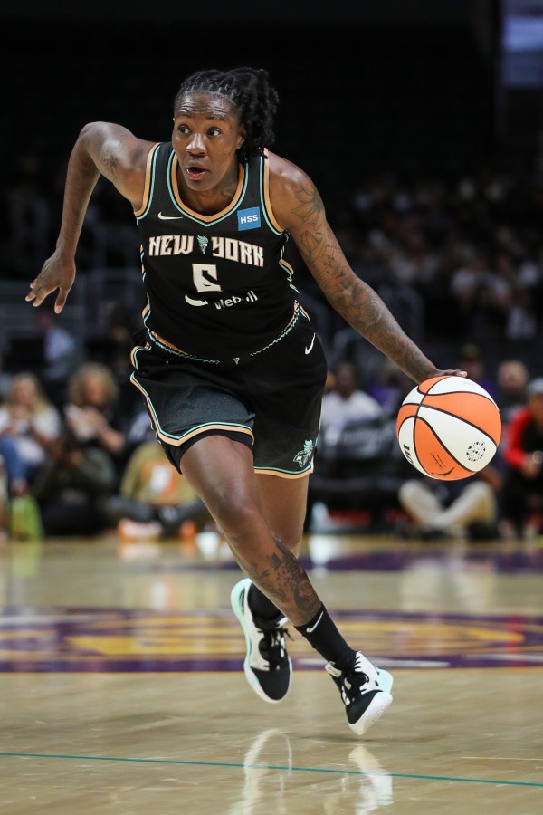 LOS ANGELES, CALIFORNIA - JULY 03: Natasha Howard #6 of the New York Liberty handles the ball in the second half against the Los Angeles Sparks at Crypto.com Arena on July 03, 2022 in Los Angeles, California. NOTE TO USER: User expressly acknowledges and agrees that, by downloading and or using this photograph, User is consenting to the terms and conditions of the Getty Images License Agreement. (Photo by Meg Oliphant/Getty Images)