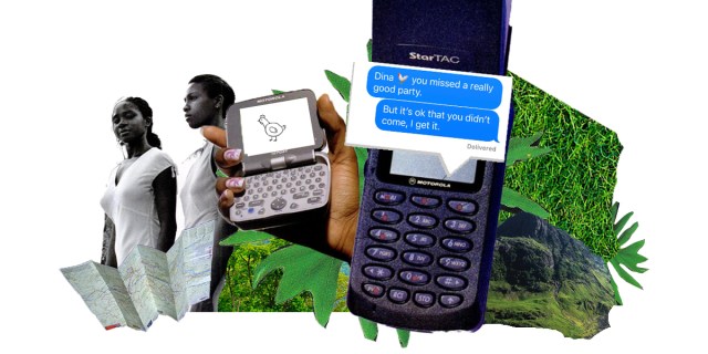 Two Black women are surrounded by a map, two flip phones, and greenery