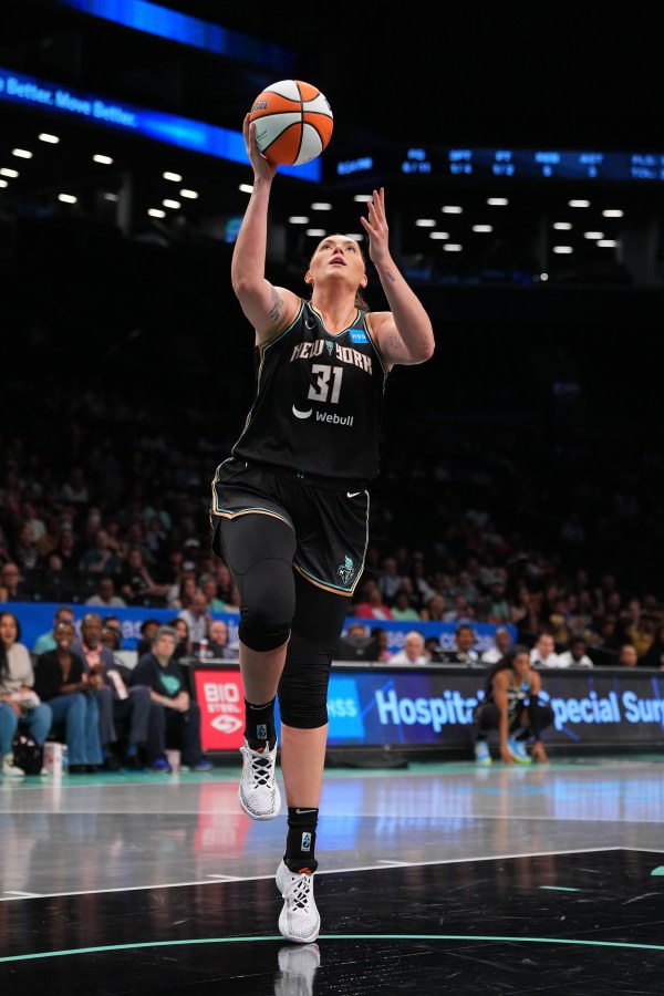 NEW YORK, NEW YORK - JUNE 13: Stefanie Dolson #31 of the New York Liberty shoots the ball against the Atlanta Dream in the first half at the Barclays Center on June 13, 2023 in the Brooklyn borough of New York City. NOTE TO USER: User expressly acknowledges and agrees that, by downloading and or using this photograph, User is consenting to the terms and conditions of the Getty Images License Agreement. (Photo by Mitchell Leff/Getty Images)
