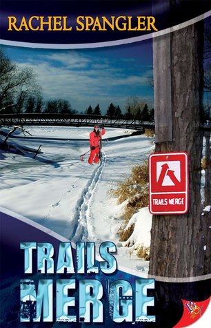 book cover for Trails Merge, a lesbian romance novel, showing a woman skiing out into the wilderness