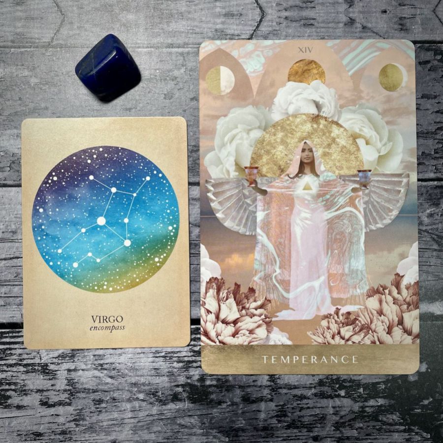 A card says virgo: encompass with an blue sky colored circle, next to a card that says temperances with an illustration of women holding two cups collaged in front of a white rose
