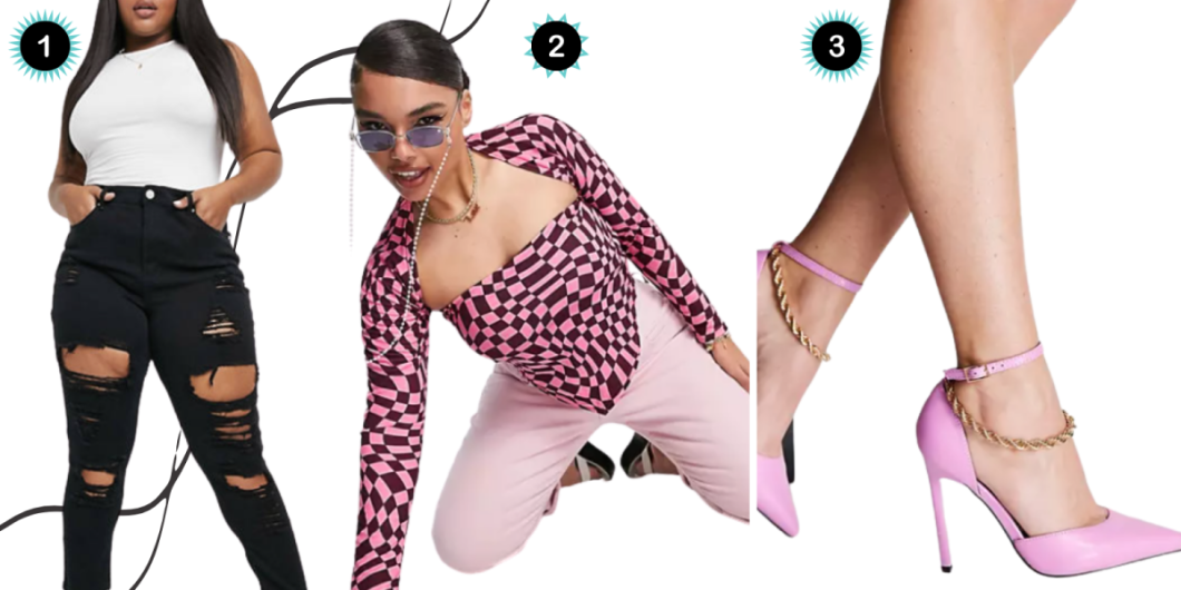 A collage of:  A pair of skinny black ripped jeans that hug an hourglass shape on a black woman in a white tank top, a woman on her knees in pink pants and a pink and black checkered shirt, a close up of light pink stiletto heels with rhinestone details. The jeans are marked as #1, the pink checkered shirt is marked as #2, and the pink heels are marked as #3. They are in front of. white background with dark grey squiggly lines.
