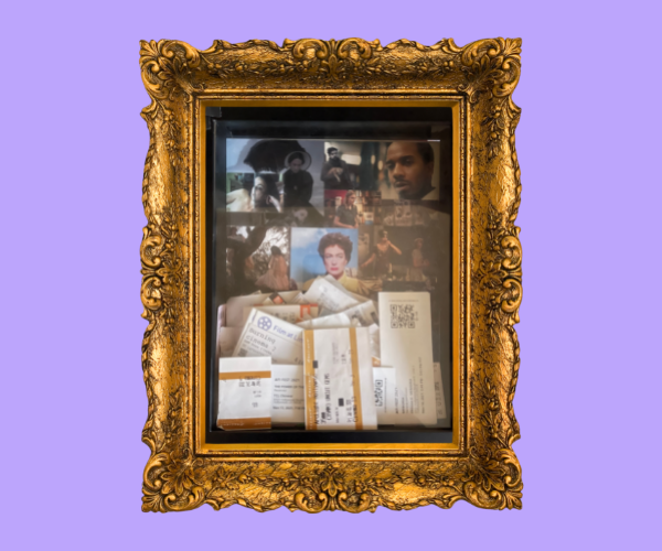 a bunch of movie tickets inside of a shadow box with a background of classic movie posters. The photo of the shadow box of movie tickets is within a golden frame