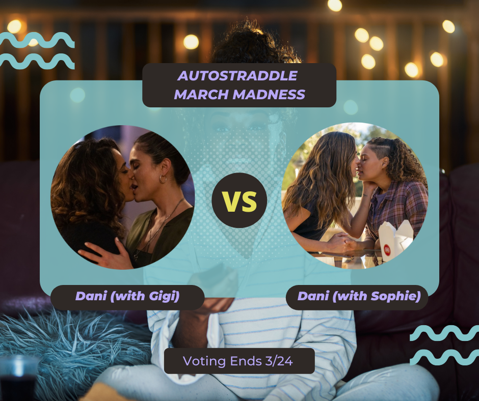 background: a young Black woman watching TV with a remote in her hand. foreground text: autostraddle march madness // dani (with gigi) vs. dani (with sophie) on a teal background with purple font