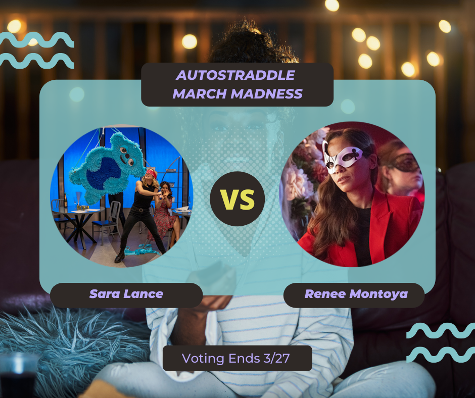 Background: a young Black woman smiling and watching TV with a remote in her hand, teal squiggles are illustrated on the sides of the photo. Foreground text in purple against a dark gray and teal background: Autostraddle March Madness / Sara Lance vs. Renee Montoya. Voting ends 3/27.