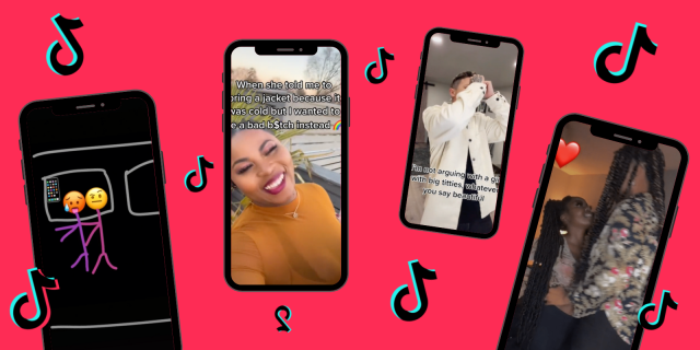 Four phones on top of a red background with the TikTok logo floating in between them. On the phones from left to right A stick figure drawing of two people in bed, A Black person smiling while wearing a thing long sleeved shirt, A person happily mid dance in a living room and two people in a bed room staring lovingly at each other (one is quite taller than the other)
