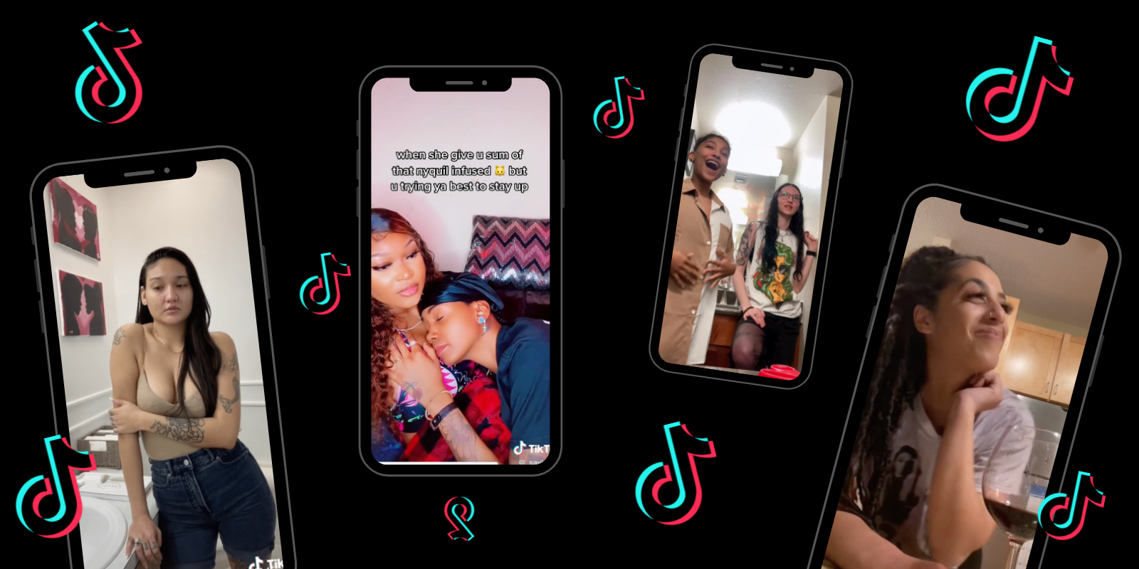 Four phones on top of a red background with the TikTok logo floating in between them. On the phones from left to right a person holding their arms and standing in the bathroom, A couple laying in bed after sex, 2 people in the bathroom one smiling and the other looking happy for them, and a person smiling while holding a wine glass