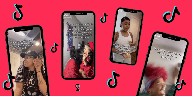 Four phones on top of a red background with the TikTok logo floating in between them. On the phones from left to right A Black person with locs tucking their hair behind their ear, A Black person sitting in their room contemplating sending a risky text, A Black person using lots of hand gestures to encourage a friend to be flirty and a Black person with curly red hair dancing and singing in their room