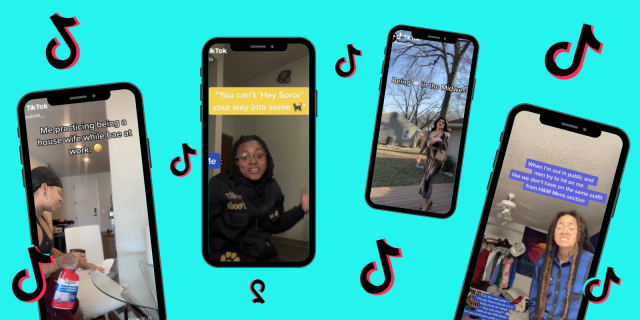Image shows 4 phones with the TikTok symbol floating in between them and from left to right - a person cleaning a table happily, a person in their sorority gear looking in the camera, a trans woman standing in her drive way looking hot and minding her business, and a person with locs in their room with a confused look on their face