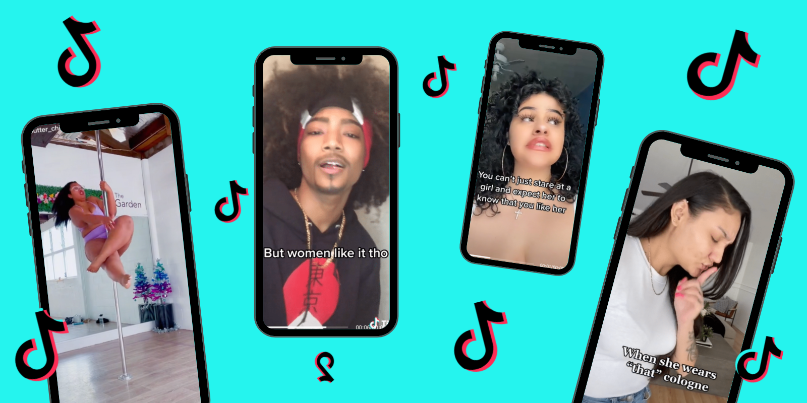 Four phones on top of a blue background with the TikTok logo floating in between them. On the phones from left to right are a person pole dancing, a drag king with an afro, A person with big curly hair and a confused look on their face and a person looking down at their jeans while making a “Ssshhh” gesture with their fingers.