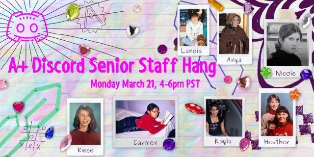A prismatic background of crumpled paper lies below photos of the senior team at 13. Laniea is wearing a baseball cap in a family photo, Anya is dressed up as Mrs. Cratchet for a school paly, Nicole is glaring at the camera in black and white, dressed in all black, Kayla is wearing a Pirates of the Caribbean necklace and sitting in the back of a van, Heather is wearing a Teddy Bear sweater and smiling wiht her sister, Riese is wearing a polo in her school photo, and Carmen is stretched out on her bed holding a book wearing coveralls and a red sweater.