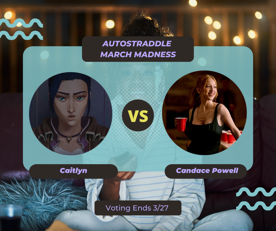 Background: a young Black woman smiling and watching TV with a remote in her hand, teal squiggles are illustrated on the sides of the photo. Foreground text in purple against a dark gray and teal background: Autostraddle March Madness / Caitlyn vs. Candace Powell. Voting ends 3/27.
