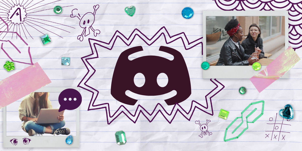 A large discord icon sits in the center of an image featuring a number doodles along the 13th birthday theme. There are two stock photos within polaroid frames. One is of two queer individuals hanging out and having a coffee together. The other is of a teenager typing on a laptop while wearing converse sneakers. There is an A+ logo in the upper corner.