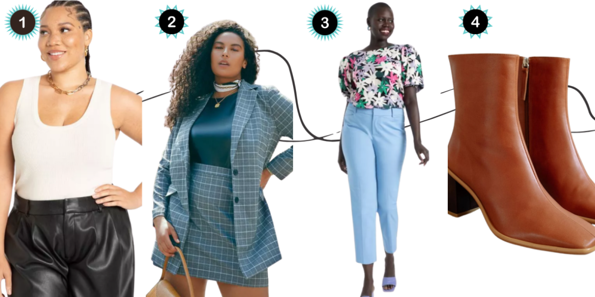 In a collage: A light skin black woman in cornrows wearing a white sweater-weight thank top and black leather pants (marked as #1), A plus size light skin woman with curly hair in a matching blue blazer and mini skirt (marked as #2), a dark skinned black woman with short natural hair and light blue twill pants with a blue flowered blouse (marked as #3), and camel brown Chelsea boots (marked as #4). These images are in front of a white background with dark grey squiggly lines.