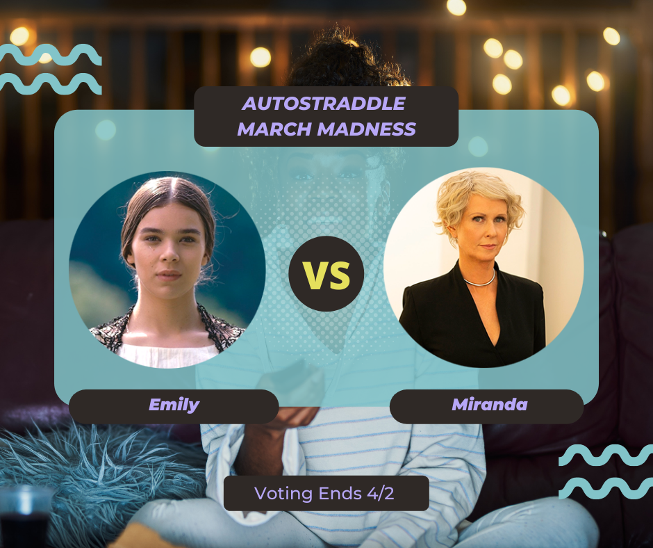 Background: a young Black woman smiling and watching TV with a remote in her hand, teal squiggles are illustrated on the sides of the photo. Foreground text in purple against a dark gray and teal background: Autostraddle March Madness / Emily vs. Miranda. Voting ends 4/2.
