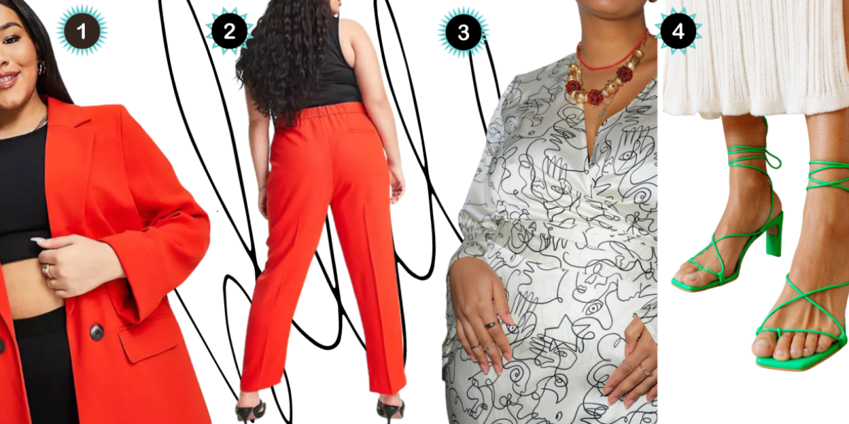A collage of: a plus size woman in a red-orange suit with a black knit crop top underneath the blazer (marked as #1-2), a plus size wrap shirt with an abstract black and white pattern (marked as #3), and scrappy lime green heels with a midi cut off white skirt (marked as #4). These images are in front of a white background with dark grey squiggly lines.