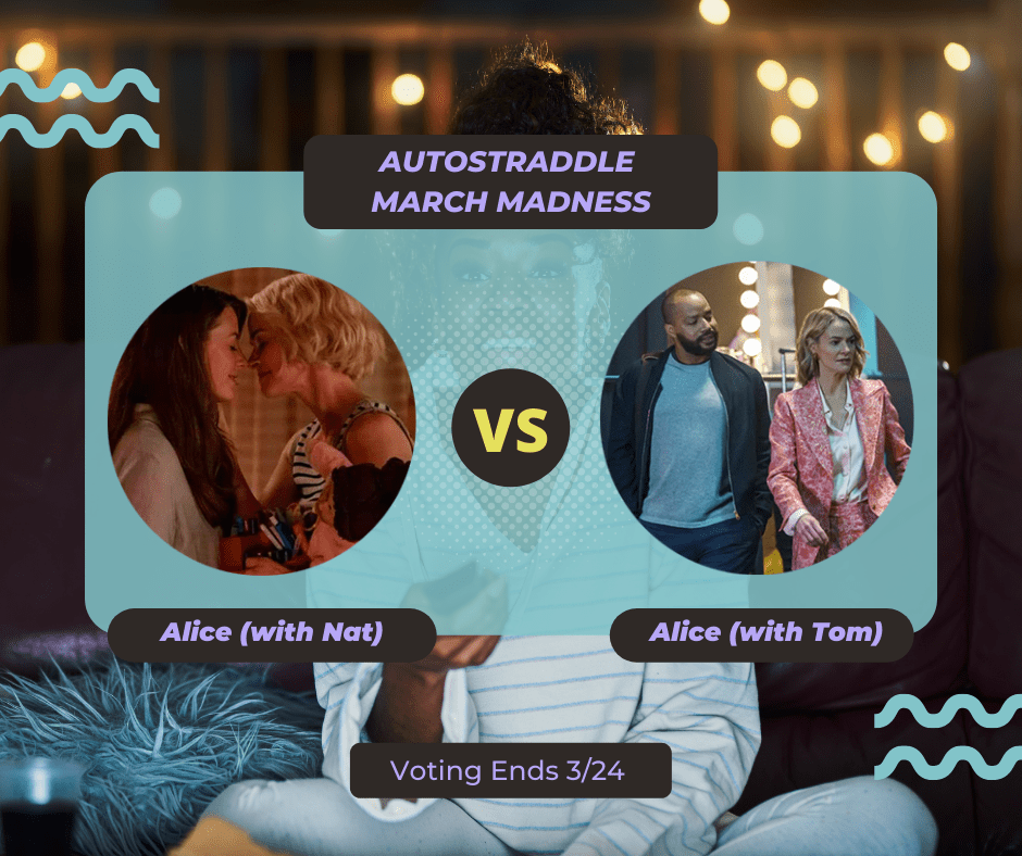 background: a young Black woman watching TV with a remote in her hand. foreground: autostraddle march madness // Nat (with Alice) vs. Tom (with Alice) on a teal background with purple font
