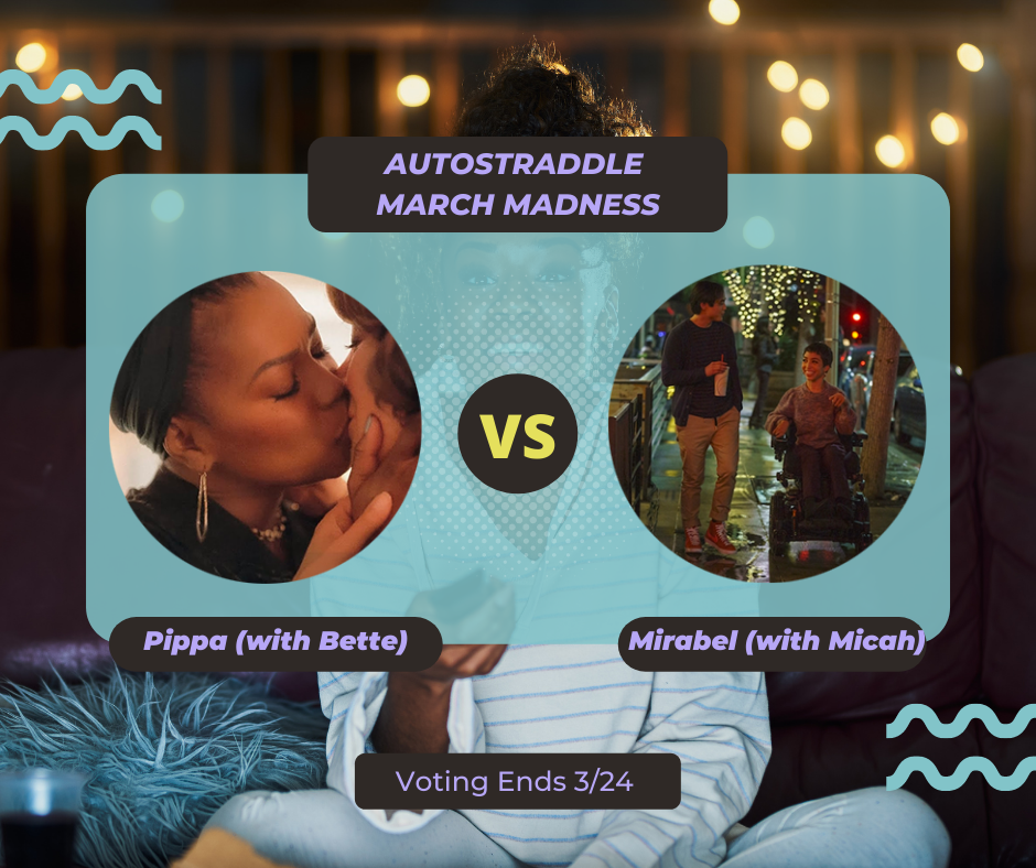 background: a young Black woman watching TV with a remote in her hand. foreground: autostraddle march madness // Pippa (with Bette) vs. Mirabel (with Micah) on a teal background with purple font