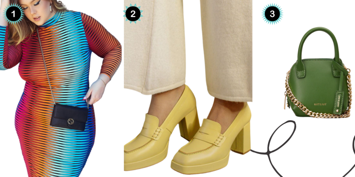 A collage of: a multicolored black and red/orange/blue stripped body con dress (marked as #1), yellow platform loafers (marked as #2), and a mini Kelly Green purse with a yellow gold Cuban link chai (marked as #3).  These images are in front of a white background with dark grey squiggly lines.