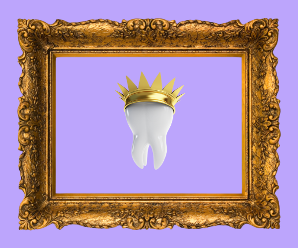 a tooth with a literal gold crown on it floats within a golden frame