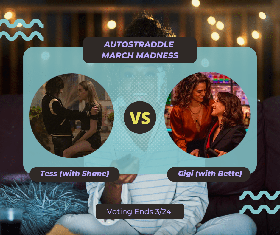 background: a young Black woman watching TV with a remote in her hand. foreground: autostraddle march madness // Tess (with Shane) vs. Gigi (with Bette) on a teal background with purple font