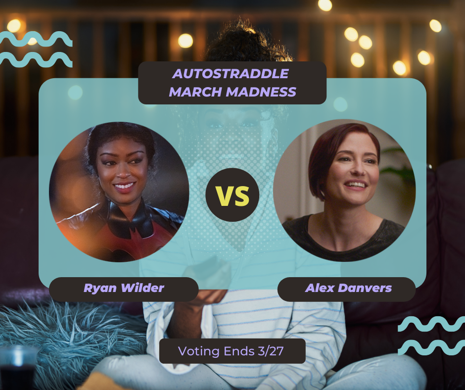 Background: a young Black woman smiling and watching TV with a remote in her hand, teal squiggles are illustrated on the sides of the photo. Foreground text in purple against a dark gray and teal background: Autostraddle March Madness / Ryan Wilder vs. Alex Danvers. Voting ends 3/27.