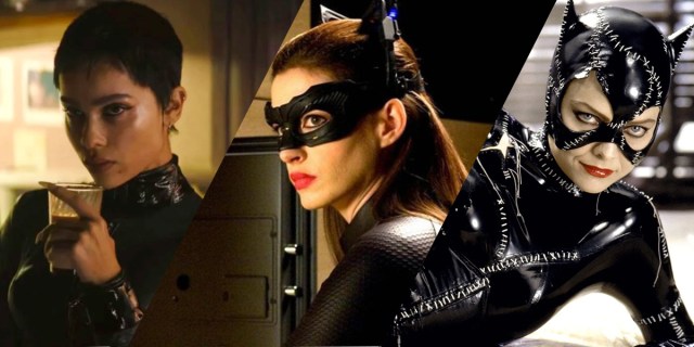 In a 3-fold collage: Zoe Kravitz licks a mug of milk as Catwoman, Anne Hathaway's Catwoman looks directly into the camera, and finally Michelle Pfiffer's Catwoman smirks in a black mask.