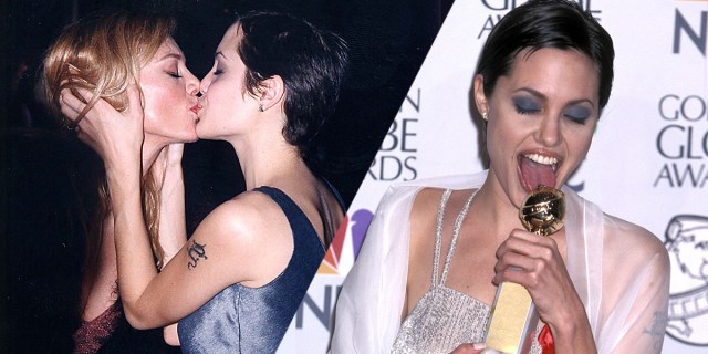 A two-way collage of two photos: In 1997 Angelina Jolie has a pixie hair cut and a shimmery dark grey sleeveless dress and is kissing a blonde woman. And Angelina Jolie has a dark brown pixie cut and blue eyeshadow. Her eyes are closed and she is licking her Golden Globe award while smiling. She's in a sheer white scarf around her shoulders and silver sparkly white dress.