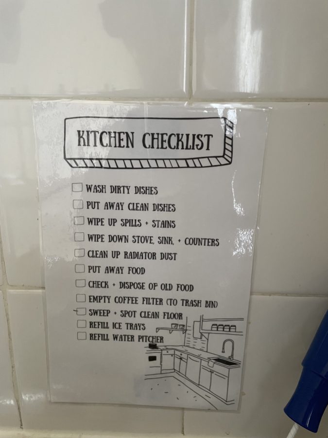 a kitchen checklist laminated and posted above a sink, text for the checklist is available in the post itself