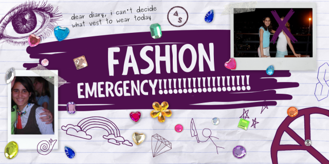 Notebook paper with hand drawn doodles on it and gem stickers and the words FASHION EMERGENCY!!!! And "dear diary, I can't decide what vest I want to wear today"