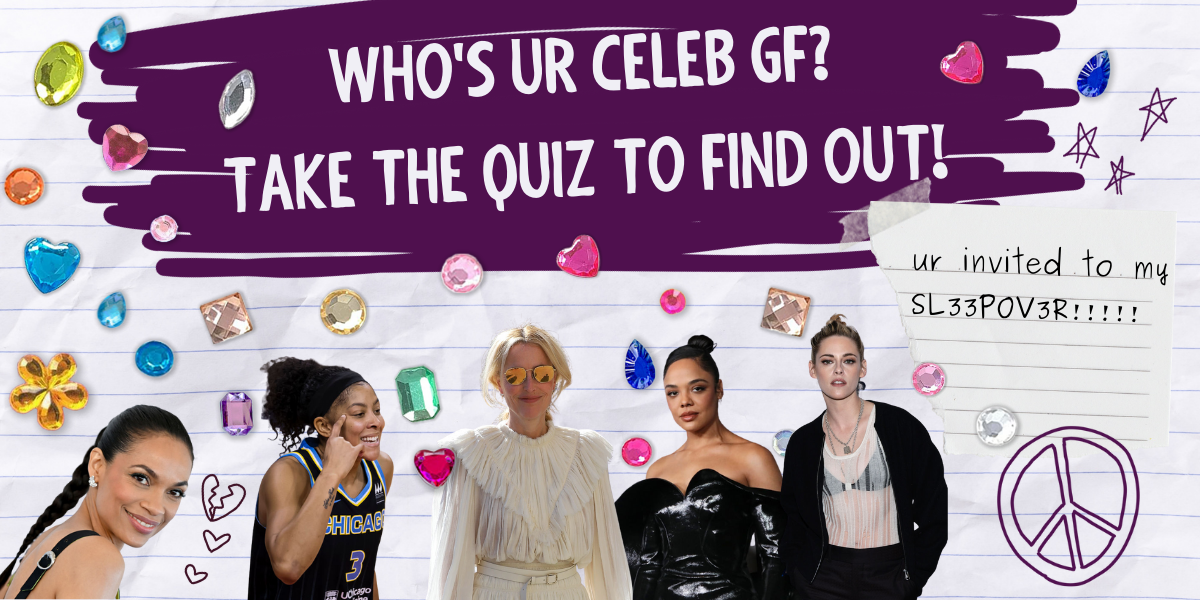 Who's UR Celeb GF? Take the quiz to find out! Rosario Dawson, Candace Parker, Gillian Anderson, Tessa Thompson, and Kristen Stewart are against a notebook paper background. A handwritten note says "ur invited to my sleepover"