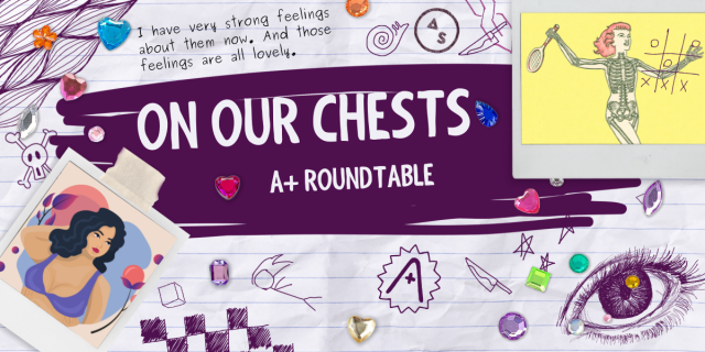 Feature image for "On Our Chests A+ Roundtable" It has a background of a bunch of doodles that look straight out of a 13-year-old's notebook. There are 2 illustrations, one of a woman playing tennis whose skeleton is visible and one of a woman wearing a bra and smiling softly