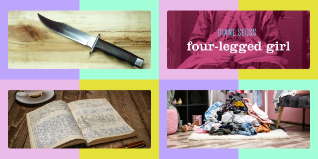 A hunting knife, a copy of Four-Legged Girl by DIANE Seuss, a journal with things written inside it, and a pile of clothes