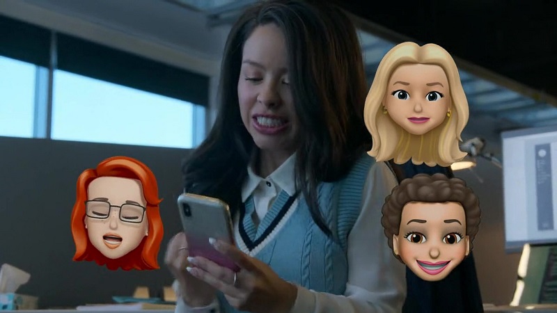Mariana receives a text from the Bulk Beauty team about their latest acquisition and she cheers in celebration. Mariana is on her phone surrounded by the emoji heads of the BB team.