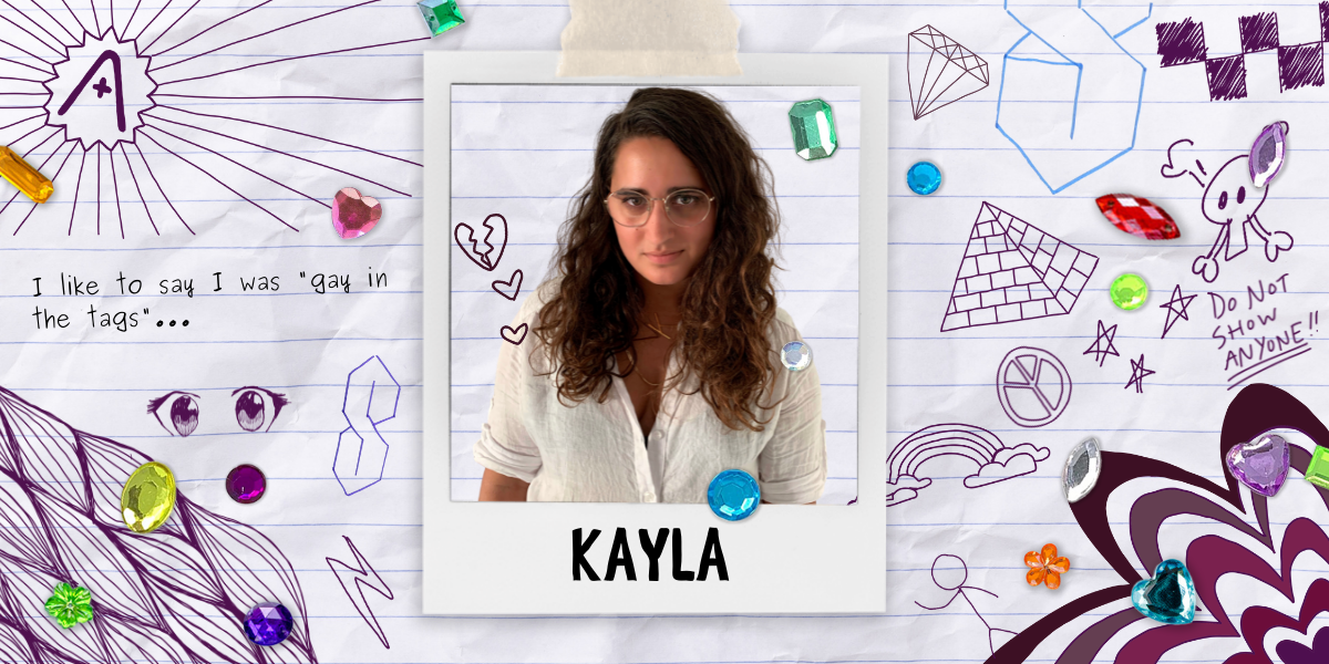 A feature image showing a polaroid image frame with Kayla's photo in the center. Kayla is looking at the viewer from behind glasses, wearing a white button up shirt. She has long wavy brown hair and is south asian. The background of the image is a crumpled sheet of notebook paper covered in doodles like those that a 13 year old might do.