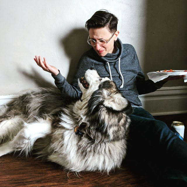 A square crop photo of one of the images in the feature. Mya, a fluffy malamute mix senior dog tries to get Sadie to share her burrito with her. Sadie is a white butch woman with short brown hair and clear glasses.