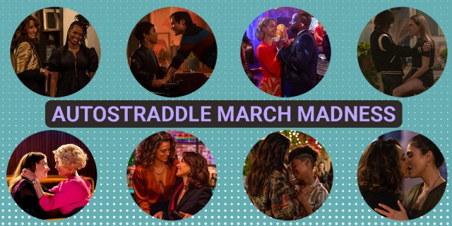 TEXT: Autostraddle March Madness, in purple against a teal background. Pictures: Eight photos of Generation Q couples featured in the first round match-ups