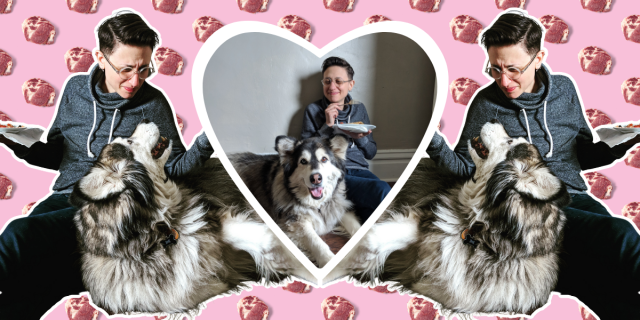 A collaged image featuring Sadie, Nicole's girlfriend, and Mya the dog. Sadie is a white, butch woman with clear glasses and brown hair cut short and parted on the side. Mya is a fluffy malamute mix with a huge smile, big silly ears, and one brown eye and one blue eye. There is a background pattern of meat on pink. Sadie is holding a burrito plate away from Mya while Mya rolls on her back and attempts to charm some of Sadie's food away from her. There is another image of Sadie laughing while Mya smiles at the camera, having been confounded when trying to get some of Sadie's food.