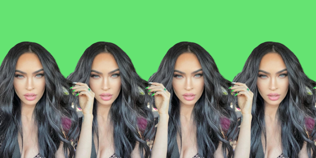 Megan Fox has long green nails and long black hair and stares directly at the camera in a selfie repeated four times on a green background