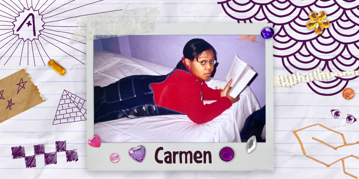 Carmen Phillips at 13 lays on her bed, wearing blue coveralls and a red long-sleeved shirt, matching scrunchie and holding a book. She is looking at the camera with an expression of great seriousness. Carmen is Black, here with black hair and glasses. The background behind the photo, which is taped on as though a polaroid, is covered in doodles like those a 13 year old might make, random patterns and the A+ logo and an S. There are also jewel stickers placed across the image.