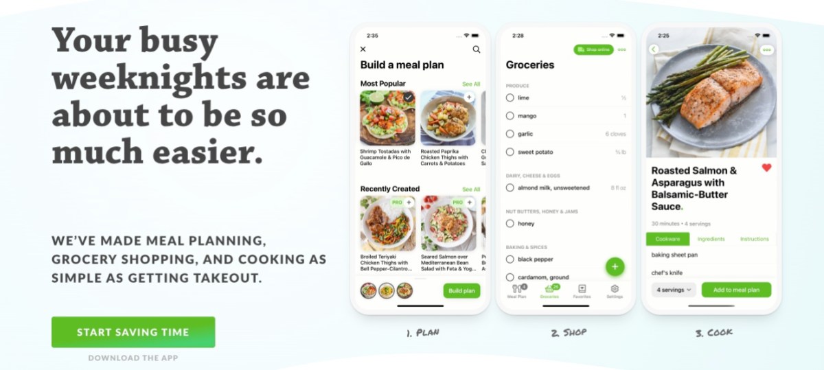 Mealtime App Illustration of process; 1. plan, 2. shop, 3. cook