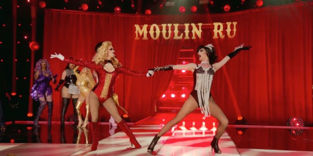 Lady Camden in a red bodysuit and a full beard dances with Bosco in a white and black body suit. Above them reads Moulin Ru.